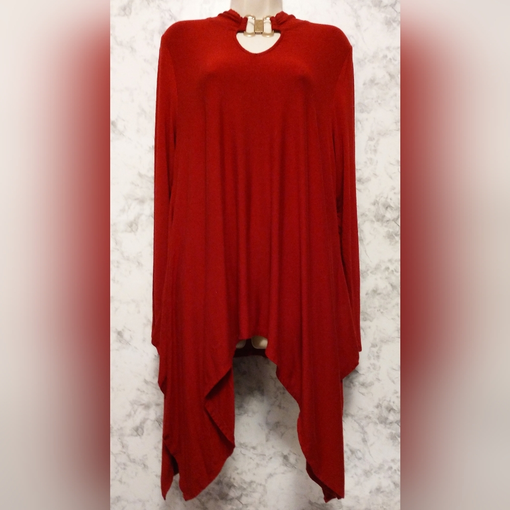 Carmen Marc Valvo Elegant Red Chain Collar Blouse Womens XL A-Line Bat Wing Top